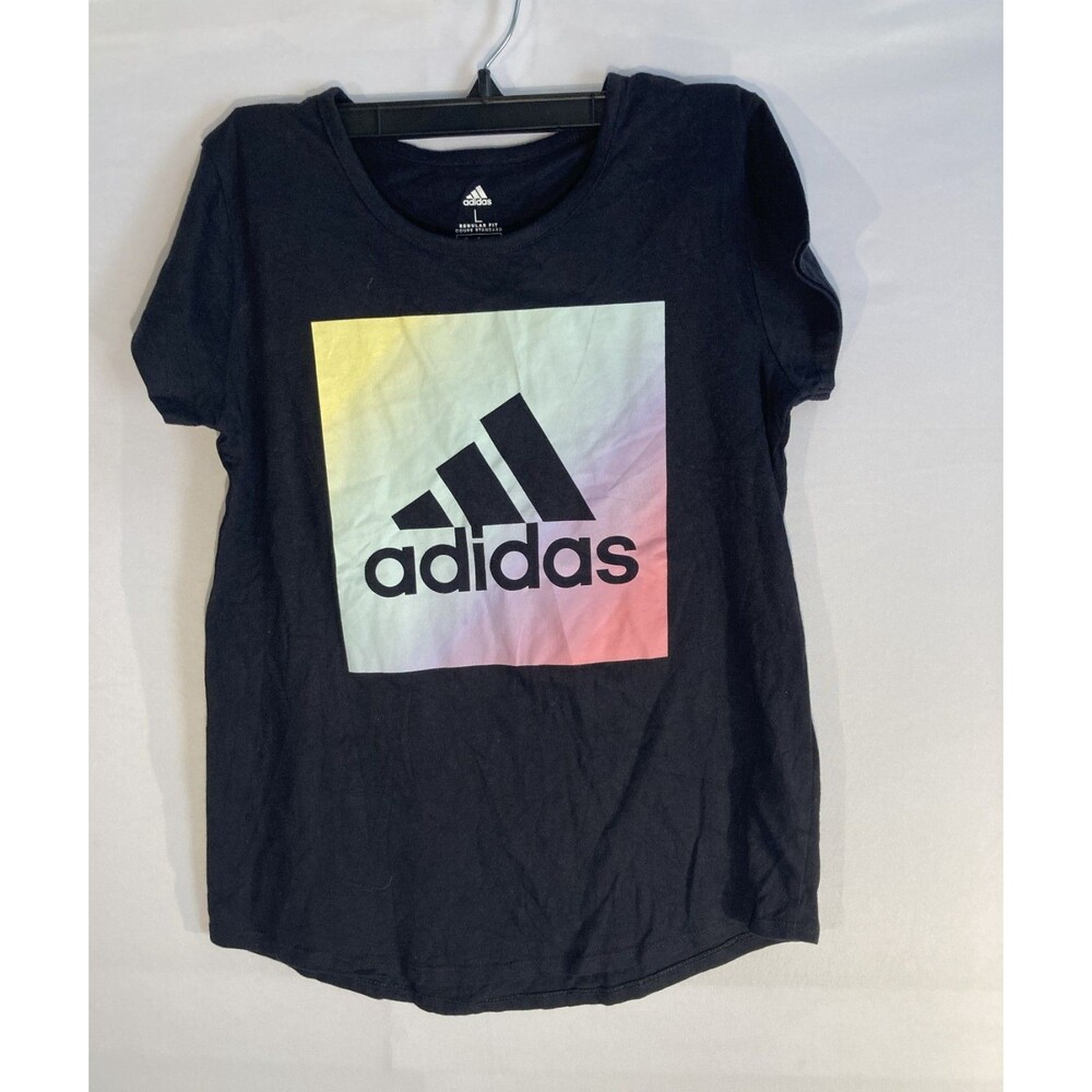 Adidas Girls Youth Large (14) T-Shirt Black Rainbow Pastel Square Logo Tee